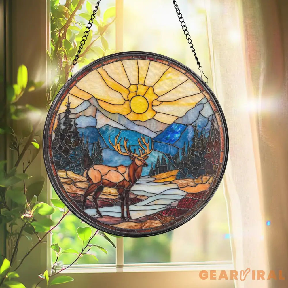 Majestic Deer Stained Glass Suncatcher Mountain Sunset Window Hanging Rustic Cabin Decor Forest Wildlife Glass Art