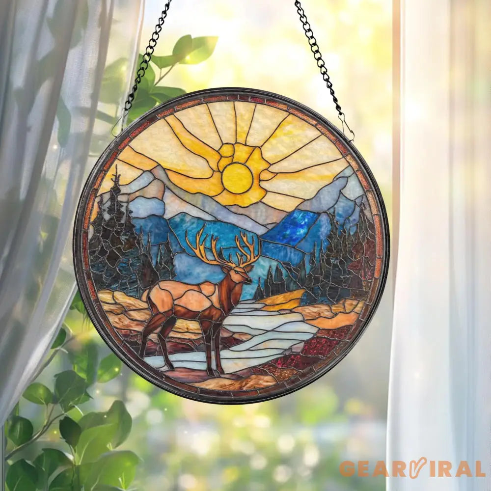 Majestic Deer Stained Glass Suncatcher Mountain Sunset Window Hanging Rustic Cabin Decor Forest Wildlife Glass Art