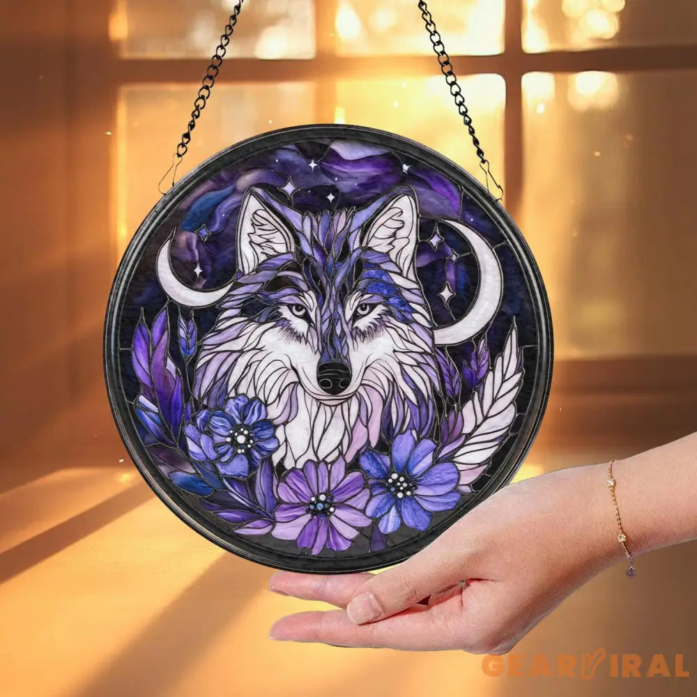 Majestic Wolf Stained Glass Suncatcher Moonlit Window Hanging Rustic Cabin Decor Wildlife Lover Gift Halloween Wall Art