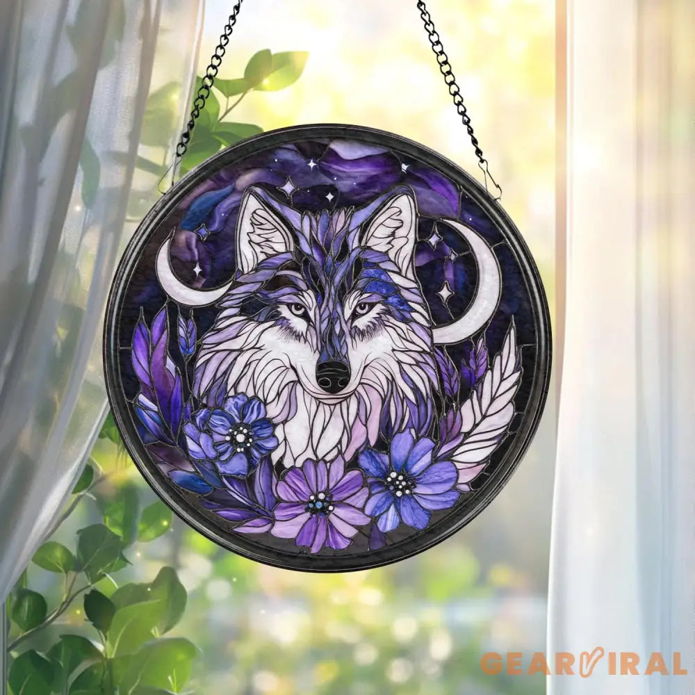 Majestic Wolf Stained Glass Suncatcher Moonlit Window Hanging Rustic Cabin Decor Wildlife Lover Gift Halloween Wall Art