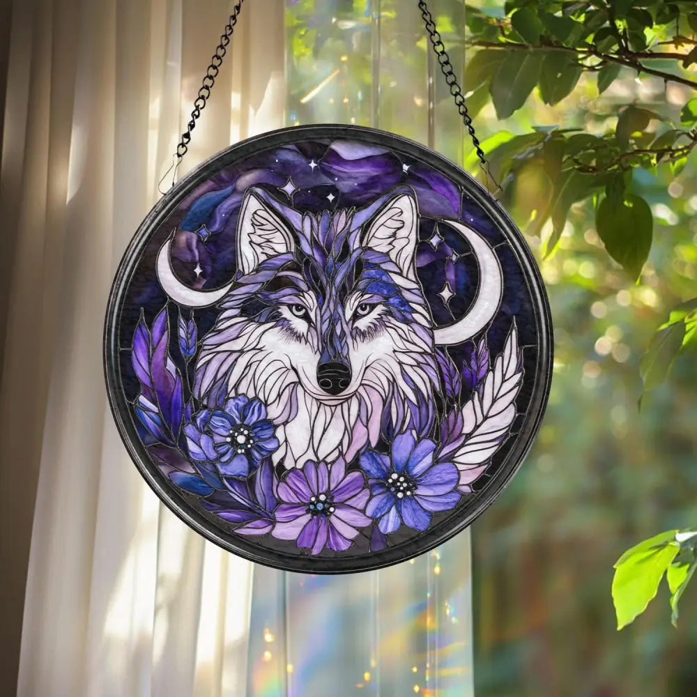 Majestic Wolf Stained Glass Suncatcher Moonlit Window Hanging Rustic Cabin Decor Wildlife Lover Gift Halloween Wall Art