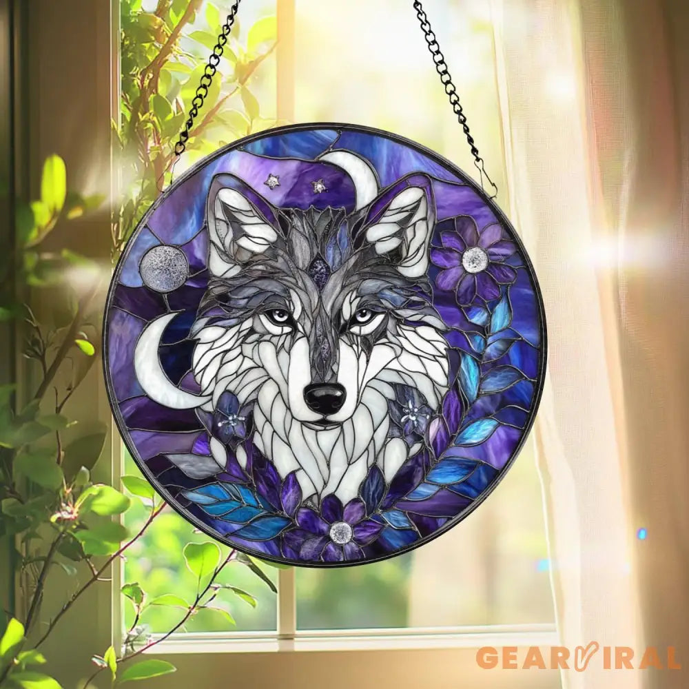 Majestic Wolf Stained Glass Suncatcher – Moonlit Wolf Window Hanging Wildlife Glass Art Nature Decor Wolf Lover Gift