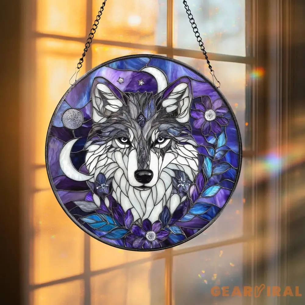 Majestic Wolf Stained Glass Suncatcher – Moonlit Wolf Window Hanging Wildlife Glass Art Nature Decor Wolf Lover Gift