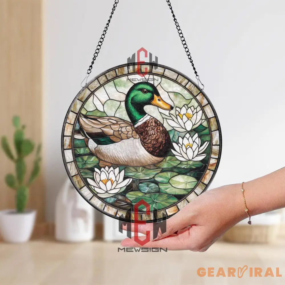 Mallard Duck and Lily Flowers Stained Glass Suncatcher Nature-Themed Window Panel Pond Wildlife Decor for Garden and