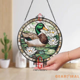 Mallard Duck and Lily Flowers Stained Glass Suncatcher Nature-Themed Window Panel Pond Wildlife Decor for Garden and
