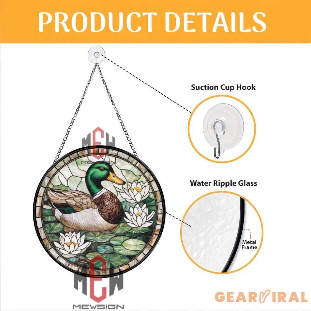 Mallard Duck and Lily Flowers Stained Glass Suncatcher Nature-Themed Window Panel Pond Wildlife Decor for Garden and