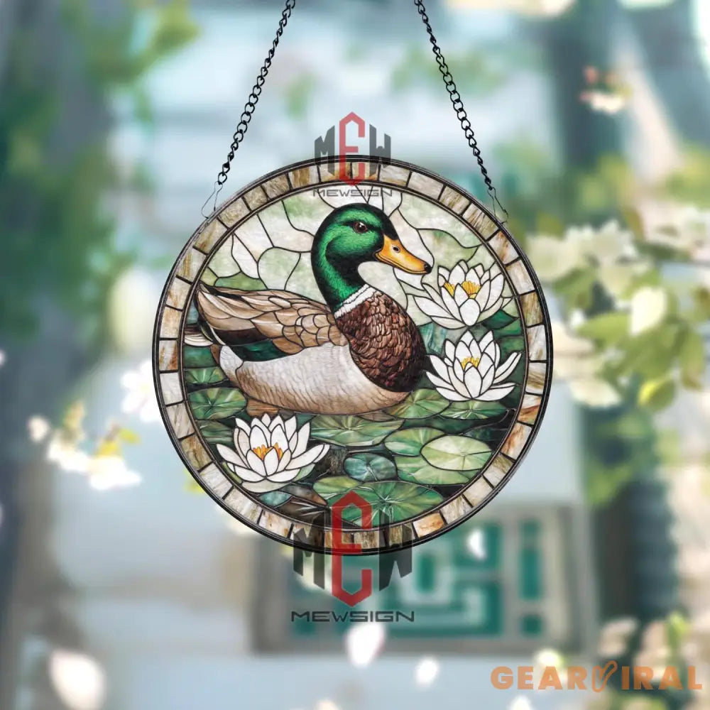 Mallard Duck and Lily Flowers Stained Glass Suncatcher Nature-Themed Window Panel Pond Wildlife Decor for Garden and
