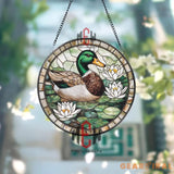 Mallard Duck and Lily Flowers Stained Glass Suncatcher Nature-Themed Window Panel Pond Wildlife Decor for Garden and