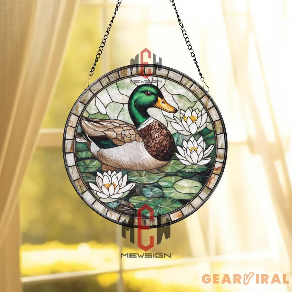 Mallard Duck and Lily Flowers Stained Glass Suncatcher Nature-Themed Window Panel Pond Wildlife Decor for Garden and