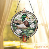 Mallard Duck and Lily Flowers Stained Glass Suncatcher Nature-Themed Window Panel Pond Wildlife Decor for Garden and