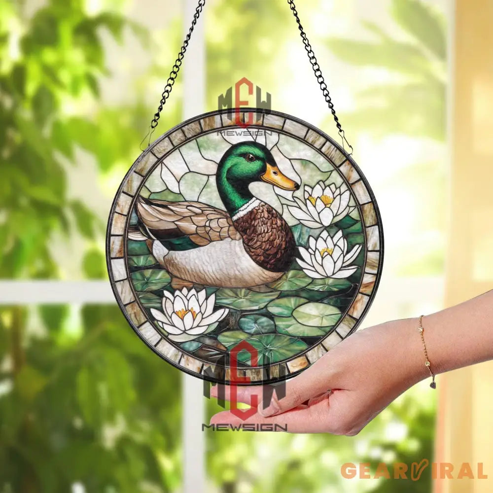 Mallard Duck and Lily Flowers Stained Glass Suncatcher Nature-Themed Window Panel Pond Wildlife Decor for Garden and