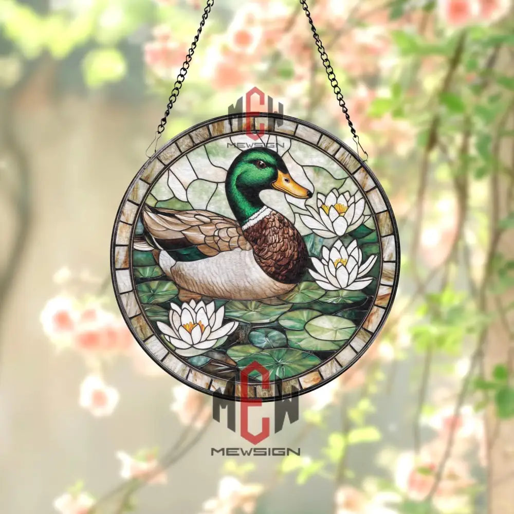 Mallard Duck and Lily Flowers Stained Glass Suncatcher Nature-Themed Window Panel Pond Wildlife Decor for Garden and