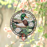 Mallard Duck and Lily Flowers Stained Glass Suncatcher Nature-Themed Window Panel Pond Wildlife Decor for Garden and