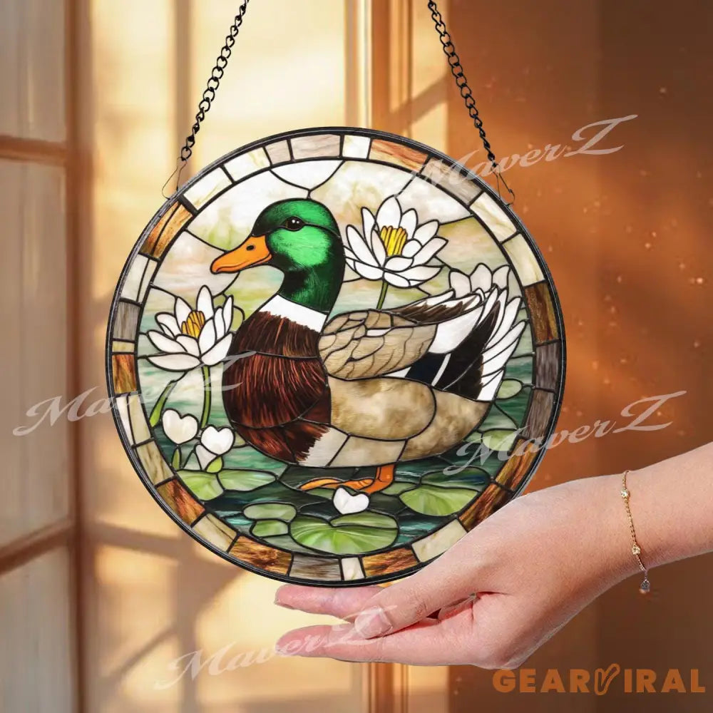 Mallard Duck Stained Glass Suncatcher Duck Window Panel with Lotus Flowers Wildlife Bird Decor Lake House Gift Nature