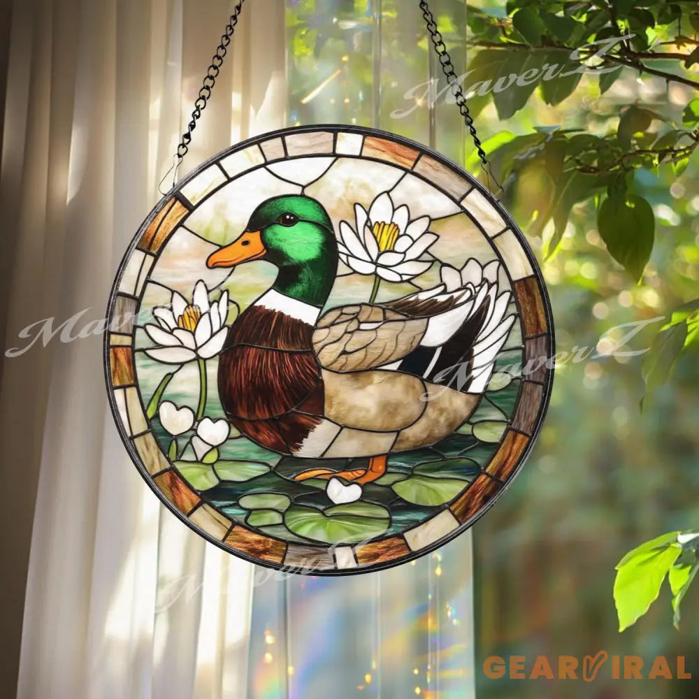 Mallard Duck Stained Glass Suncatcher Duck Window Panel with Lotus Flowers Wildlife Bird Decor Lake House Gift Nature