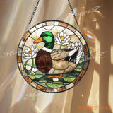 Mallard Duck Stained Glass Suncatcher Duck Window Panel with Lotus Flowers Wildlife Bird Decor Lake House Gift Nature