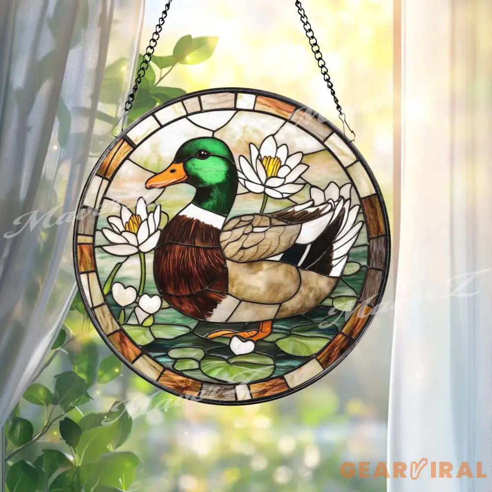 Mallard Duck Stained Glass Suncatcher Duck Window Panel with Lotus Flowers Wildlife Bird Decor Lake House Gift Nature