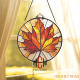 Maple Leaf Stained Glass Suncatcher Vibrant Autumn Leaf Window Hanging Round Fall Decor Panel Canadian Nature Gift for