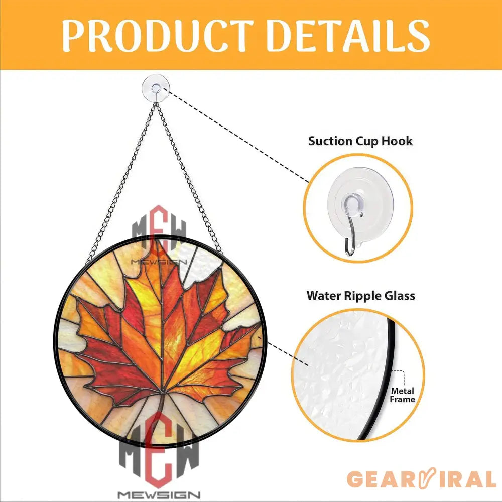 Maple Leaf Stained Glass Suncatcher Vibrant Autumn Leaf Window Hanging Round Fall Decor Panel Canadian Nature Gift for