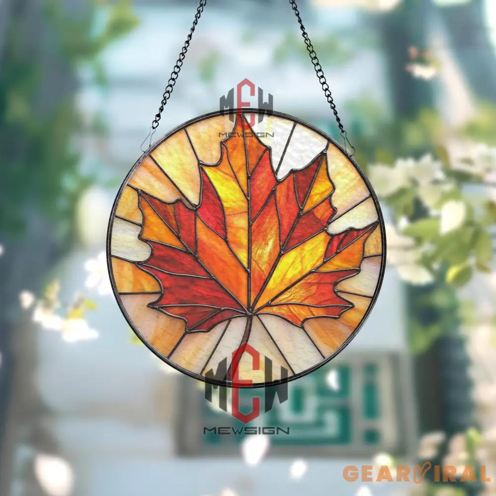 Maple Leaf Stained Glass Suncatcher Vibrant Autumn Leaf Window Hanging Round Fall Decor Panel Canadian Nature Gift for