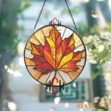 Maple Leaf Stained Glass Suncatcher Vibrant Autumn Leaf Window Hanging Round Fall Decor Panel Canadian Nature Gift for