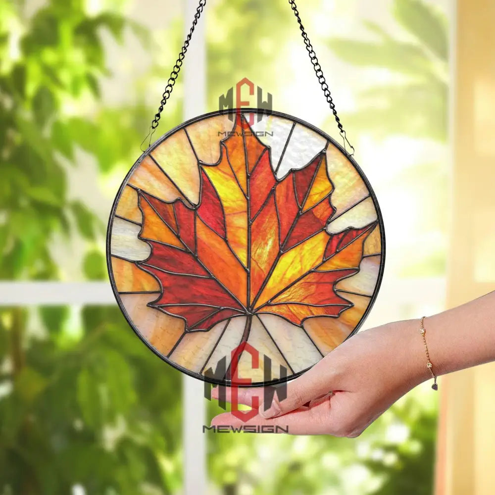 Maple Leaf Stained Glass Suncatcher Vibrant Autumn Leaf Window Hanging Round Fall Decor Panel Canadian Nature Gift for