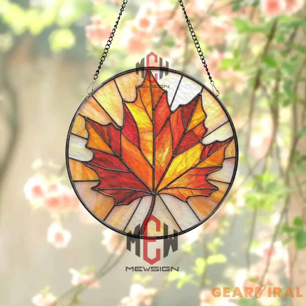 Maple Leaf Stained Glass Suncatcher Vibrant Autumn Leaf Window Hanging Round Fall Decor Panel Canadian Nature Gift for