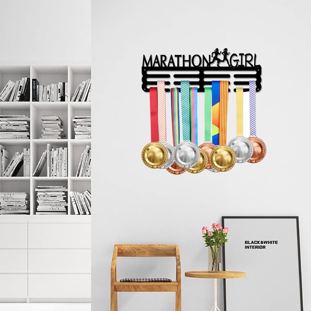 Marathon Girl Medal Display Rack Sports Events Medal Display Holder with 12 Lines Sturdy Steel Award Display Holders Wall Mounted Medal Display Racks for Ribbon Lanyard | GearViral