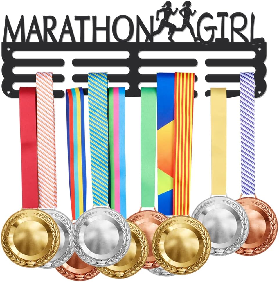 Marathon Girl Medal Display Rack Sports Events Medal Display Holder with 12 Lines Sturdy Steel Award Display Holders Wall Mounted Medal Display Racks for Ribbon Lanyard | GearViral