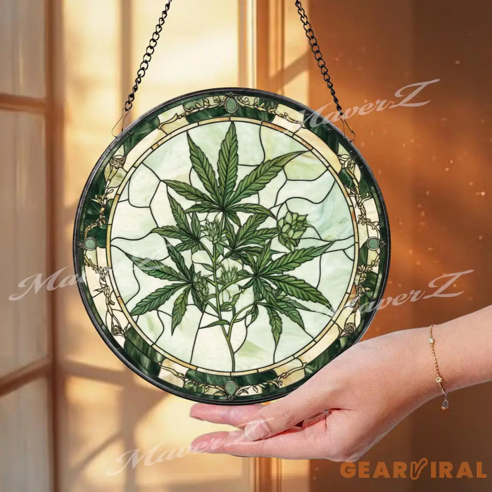 Marijuana Leaf Stained Glass Suncatcher Cannabis Plant Window Hanging Stoner Home Decor Unique Gift for Weed Lover