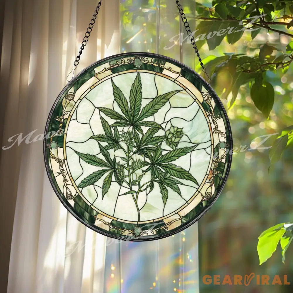 Marijuana Leaf Stained Glass Suncatcher Cannabis Plant Window Hanging Stoner Home Decor Unique Gift for Weed Lover