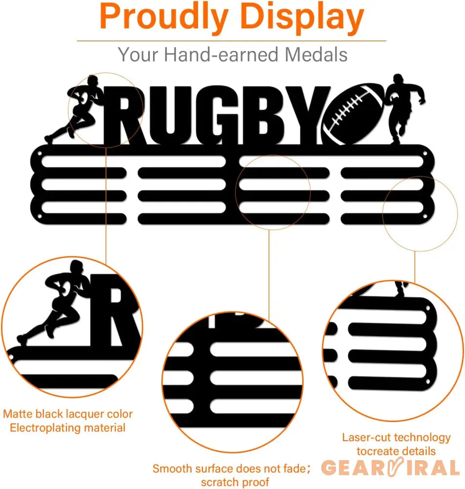 Medal Holder Rugby Pattern Medals Display Black Iron Wall Mounted Hooks for Competition Medal Holder Display Wall