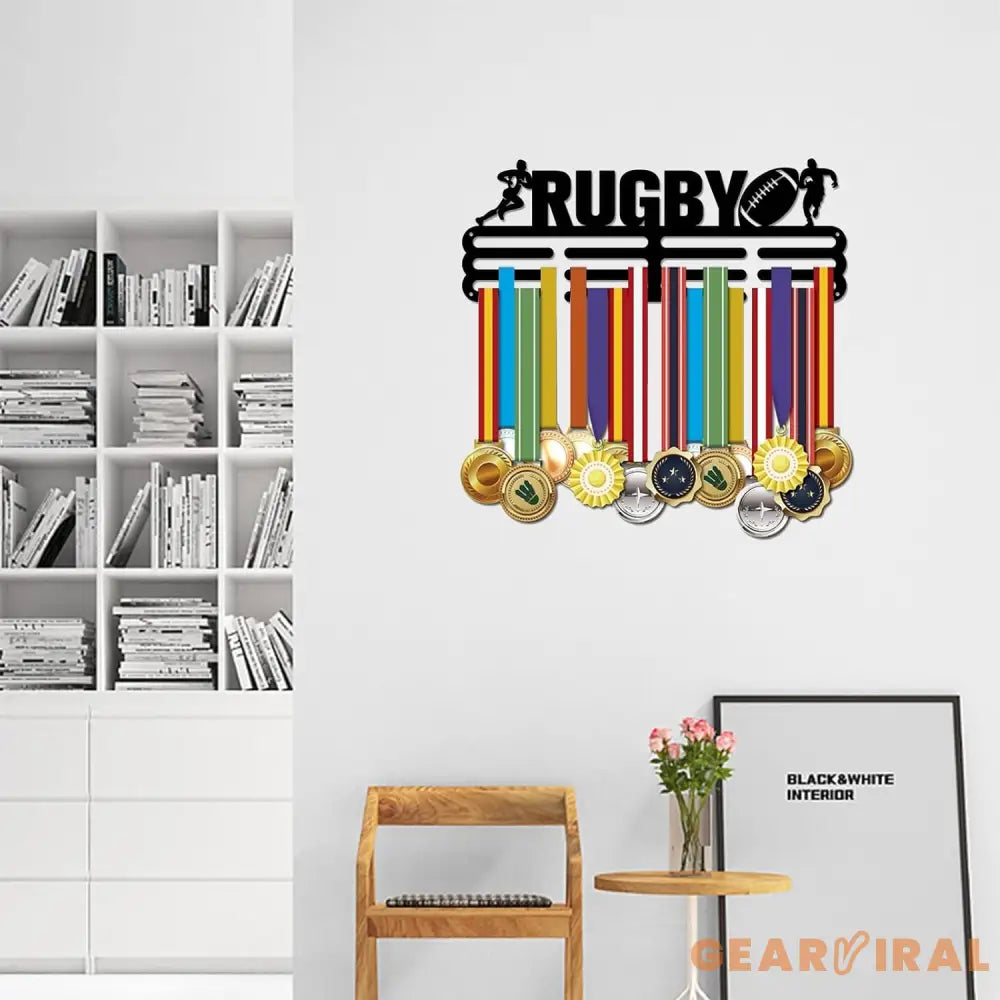 Medal Holder Rugby Pattern Medals Display Black Iron Wall Mounted Hooks for Competition Medal Holder Display Wall