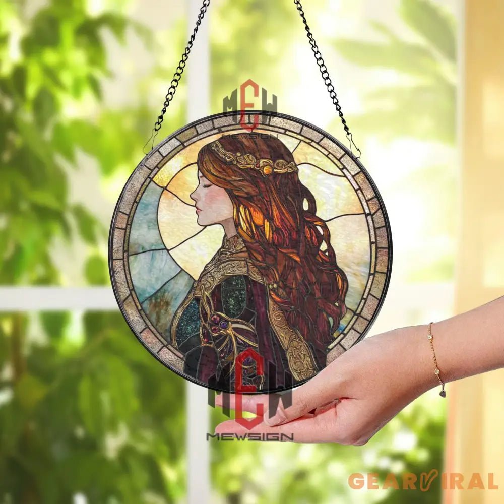 Medieval Princess Stained Glass Suncatcher Fantasy Woman Profile Window Panel Regal Art Nouveau Style Elegant Lady