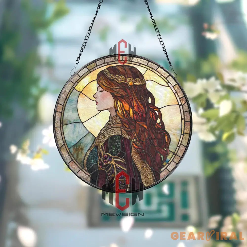 Medieval Princess Stained Glass Suncatcher Fantasy Woman Profile Window Panel Regal Art Nouveau Style Elegant Lady