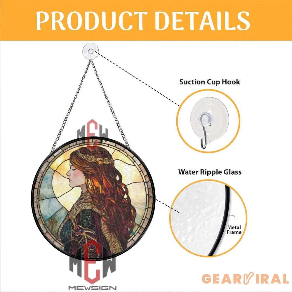Medieval Princess Stained Glass Suncatcher Fantasy Woman Profile Window Panel Regal Art Nouveau Style Elegant Lady