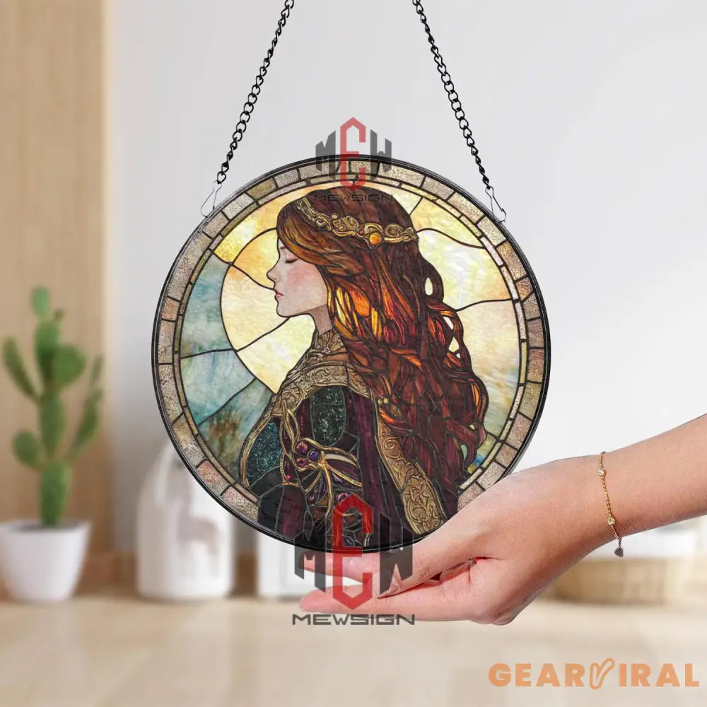 Medieval Princess Stained Glass Suncatcher Fantasy Woman Profile Window Panel Regal Art Nouveau Style Elegant Lady