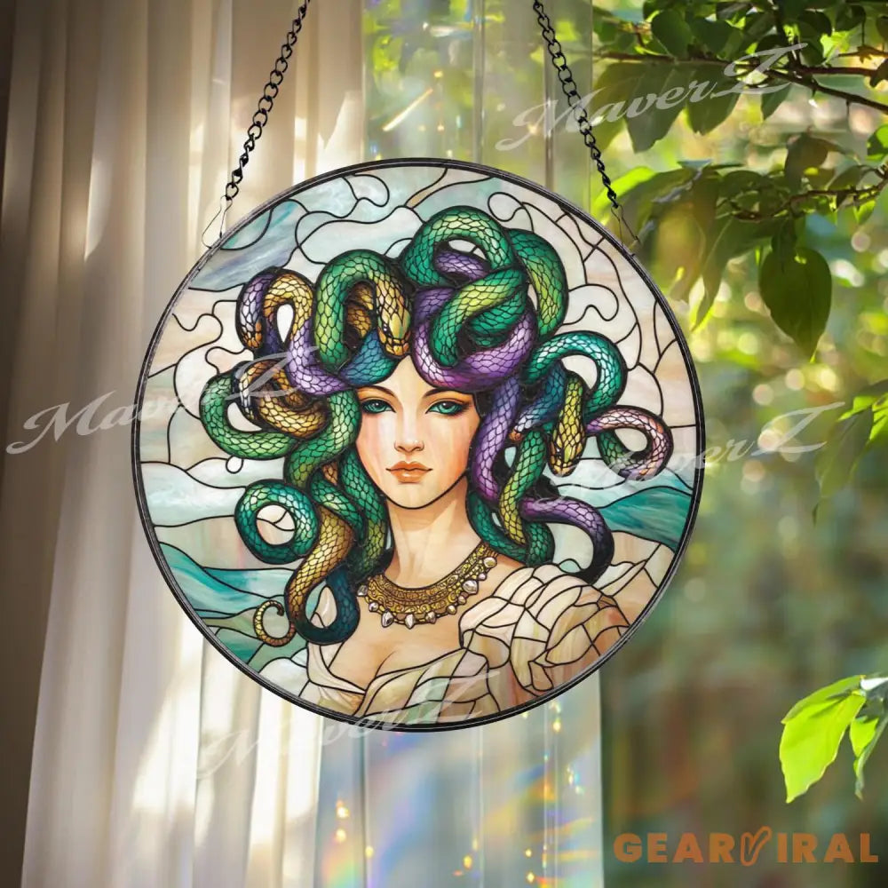Medusa Stained Glass Suncatcher Mythical Goddess Window Panel Greek Mythology Decor Feminine Serpent Hair Art Gift