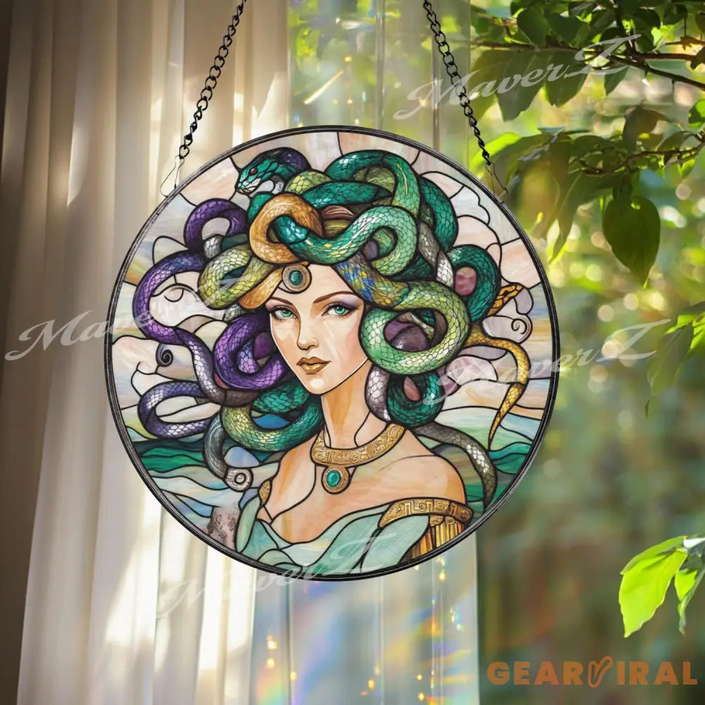 Medusa Stained Glass Suncatcher Mythical Greek Goddess Window Hanging Decor Fantasy Art Panel for Mystical and Bold