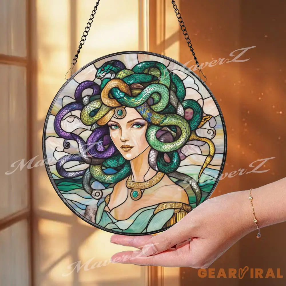 Medusa Stained Glass Suncatcher Mythical Greek Goddess Window Hanging Decor Fantasy Art Panel for Mystical and Bold