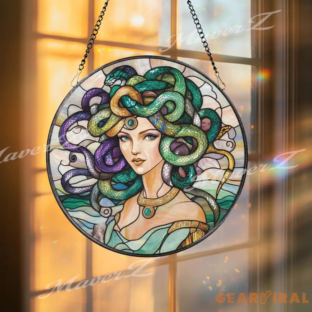 Medusa Stained Glass Suncatcher Mythical Greek Goddess Window Hanging Decor Fantasy Art Panel for Mystical and Bold