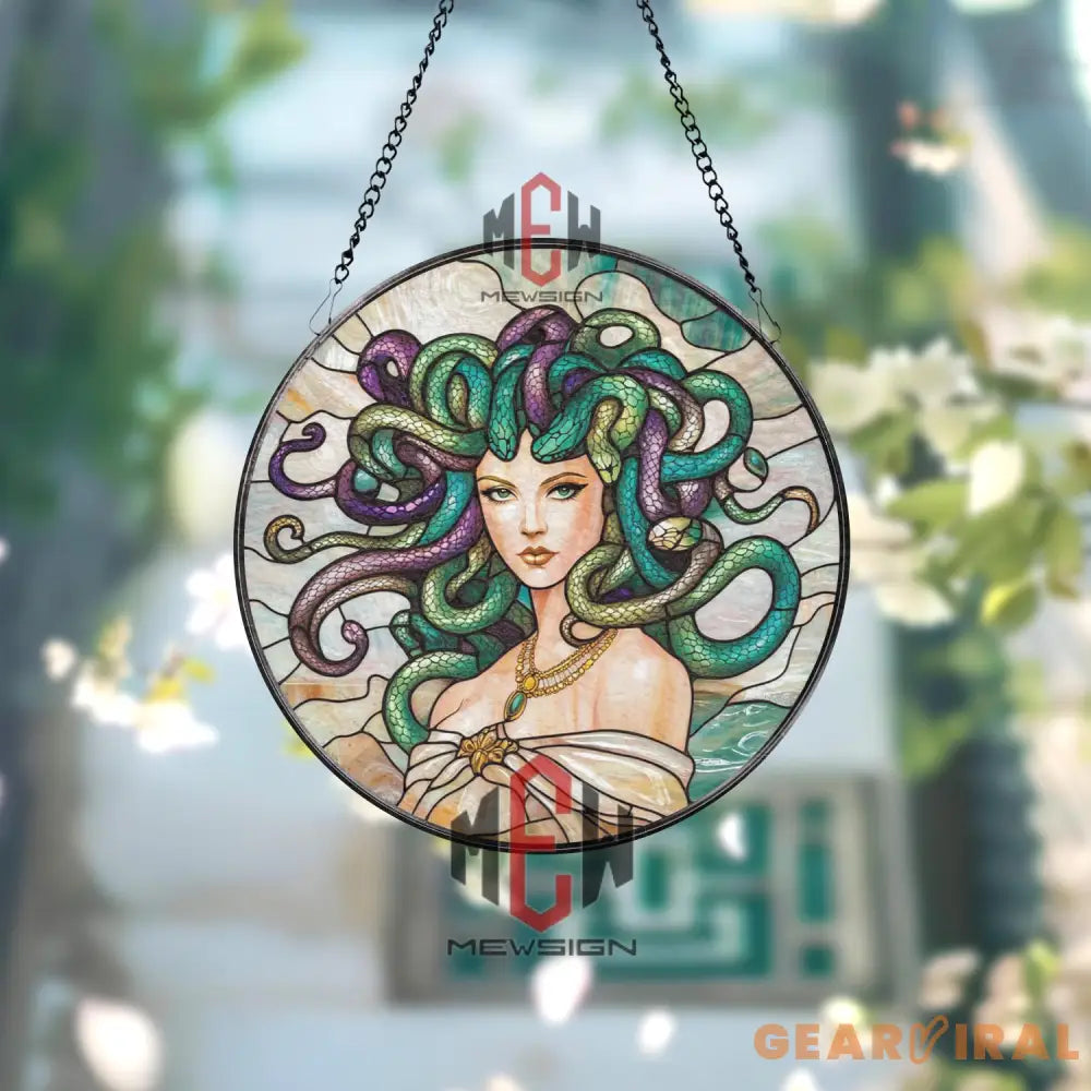 Medusa Stained Glass Suncatcher Mythical Greek Gorgon Window Art Fantasy Goddess Glass Panel Gothic Decor for Mythology
