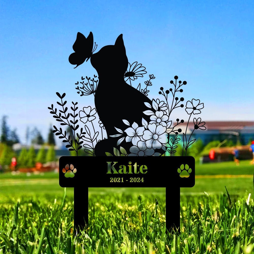 Memorial Cat Metal Sign - Personalized Remembrance Stake - Garden Cat Memorial - Cat Buffterfly Grave Marker - Memorial Yard Sign