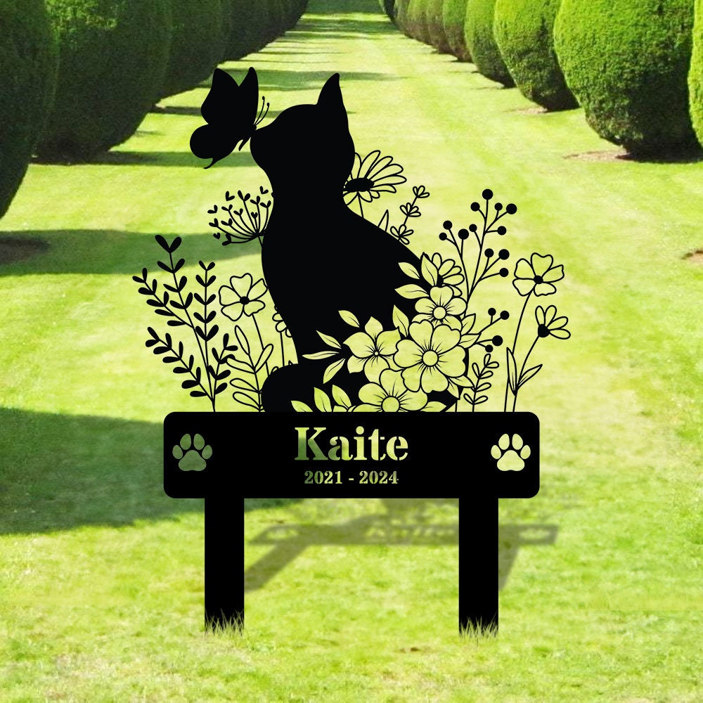 Memorial Cat Metal Sign - Personalized Remembrance Stake - Garden Cat Memorial - Cat Buffterfly Grave Marker - Memorial Yard Sign