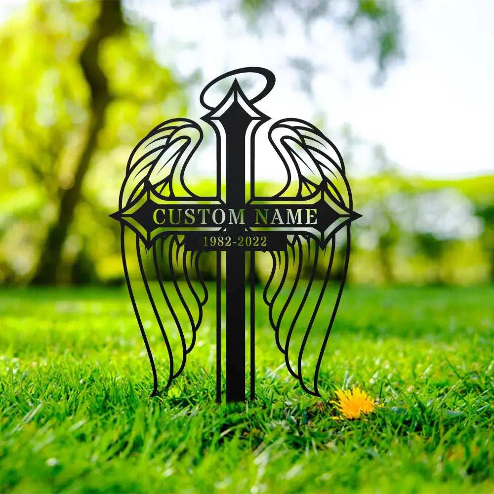 Memorial Cross Stake Personalized - Metal Cross with Angel Wings for Outdoor - Memorial Cross Stake - Metal Grave Stake