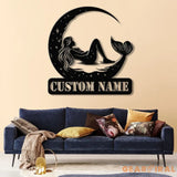 Mermaid On The Moon Metal Sign with LED Lights Custom Mermaid Metal Wall Decor Personalized Mermaid Metal Wall Hanging