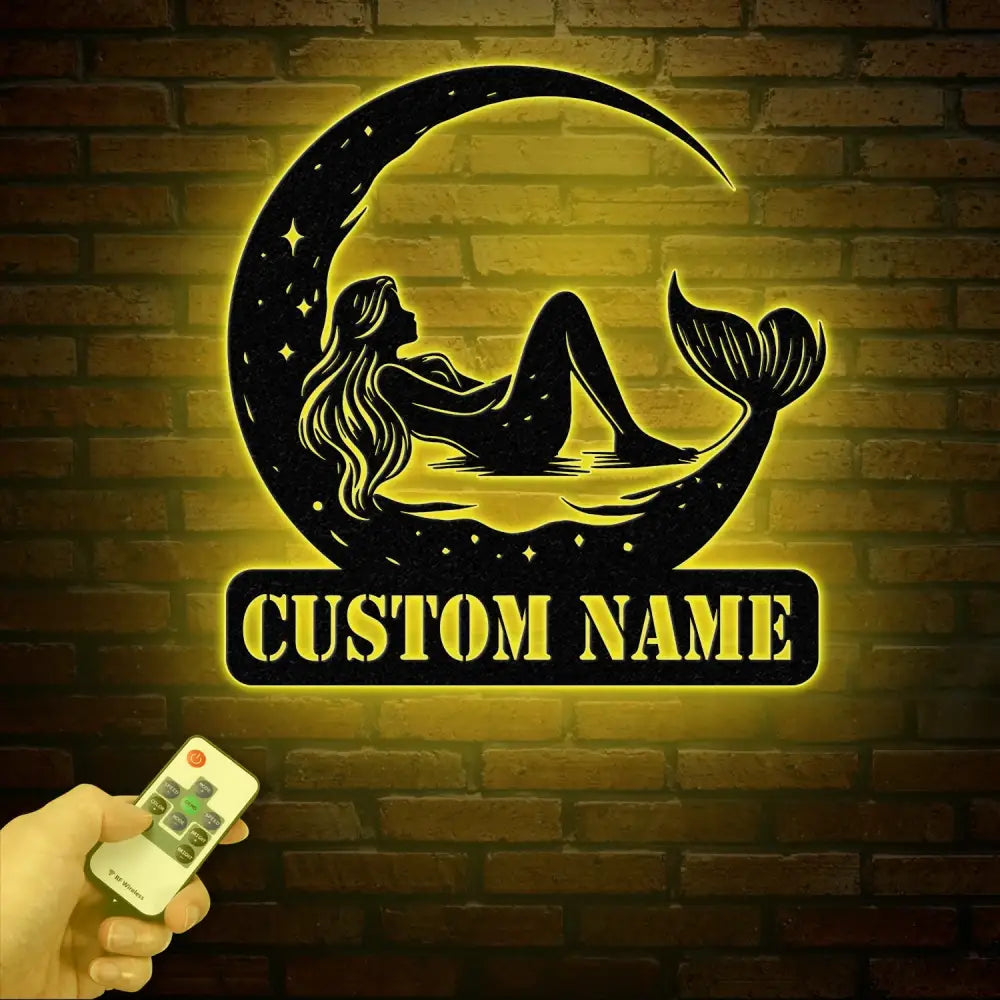 Mermaid On The Moon Metal Sign with LED Lights Custom Mermaid Metal Wall Decor Personalized Mermaid Metal Wall Hanging
