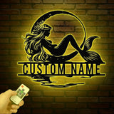 Mermaid On The Moon Metal Sign with LED Lights Custom Mermaid Metal Wall Decor Personalized Mermaid Metal Wall Hanging