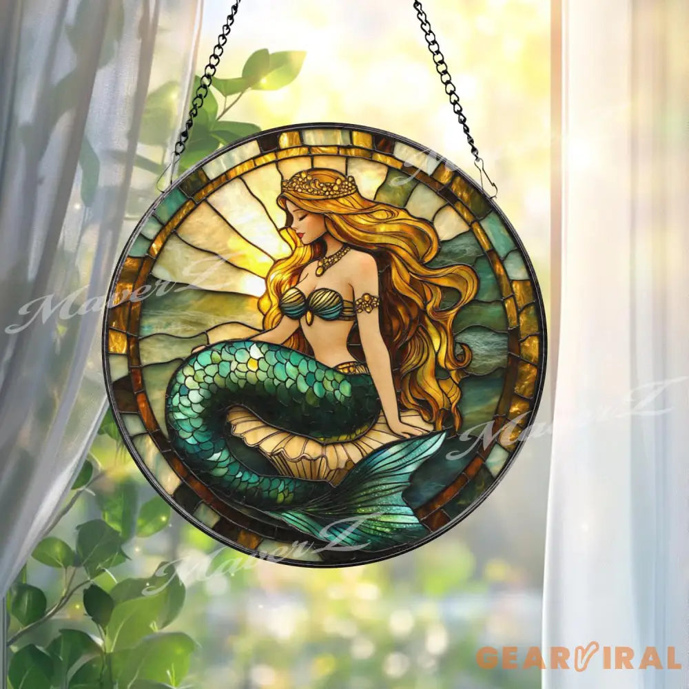 Mermaid Princess Stained Glass Suncatcher Golden Hair Ocean Beauty Sea Fantasy Window Hanging Coastal Decor Magical Gift