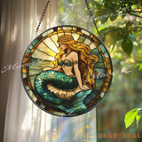 Mermaid Princess Stained Glass Suncatcher Golden Hair Ocean Beauty Sea Fantasy Window Hanging Coastal Decor Magical Gift